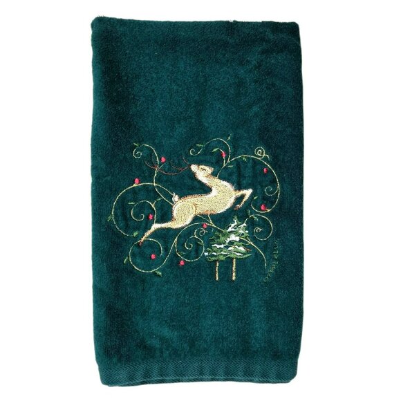 Cheri Blum Holiday Hand Towel Dark Green Gold Embroidered Deer Tree Christmas - Picture 8 of 8